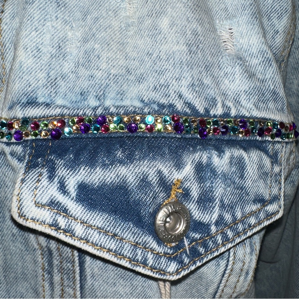 Filigree Heart Hand Painted Mid  Length Denim Jacket - Picture 4 of 7